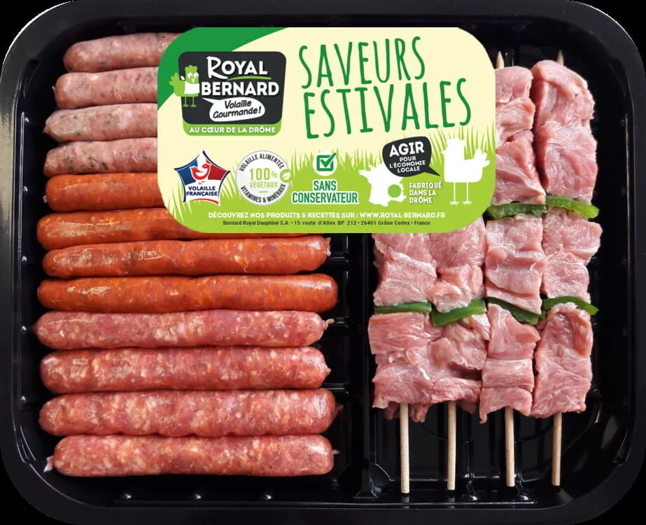 Plateau panaché : brochettes de dinde + mix saucisses de dinde