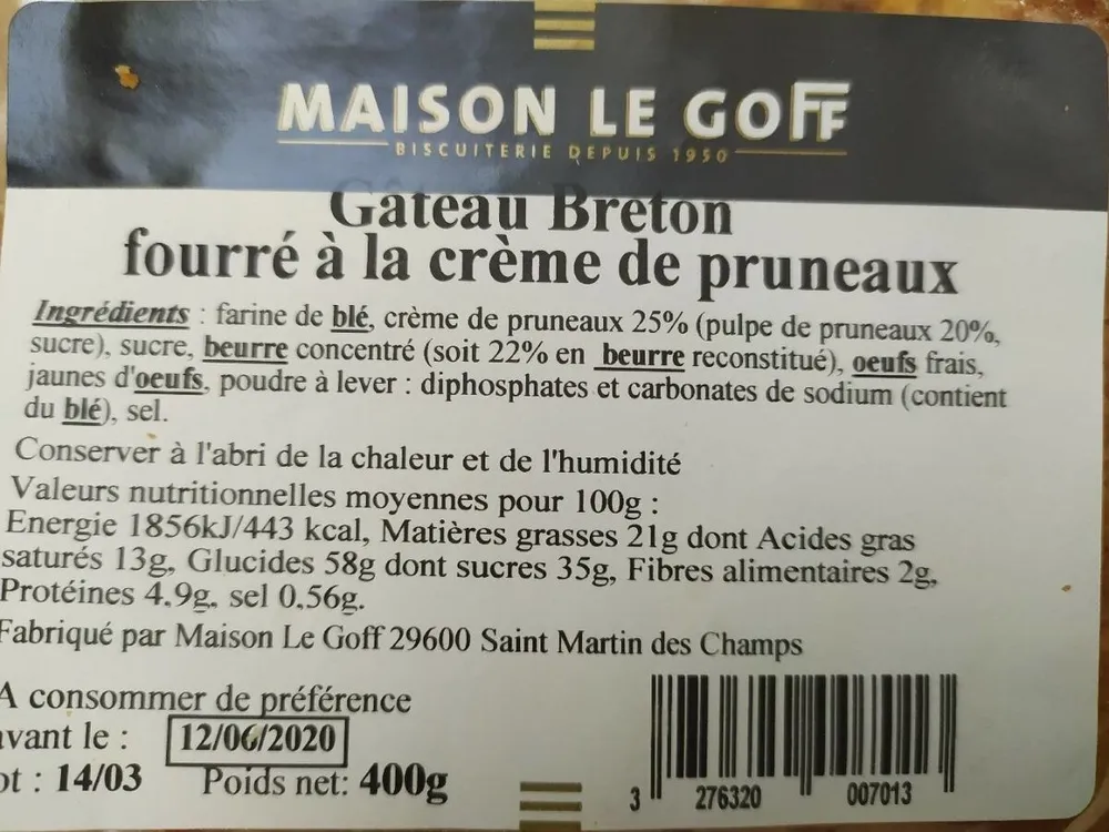 Gâteau Breton fourré à la crème de pruneaux