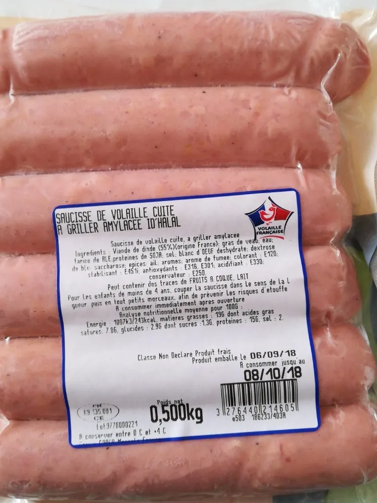 Saucisse de volaille cuite à griller amylacée