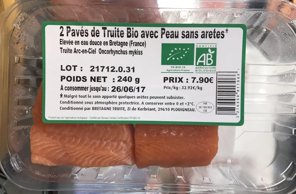 2 pavés de truite bio avec peau sans arêtes