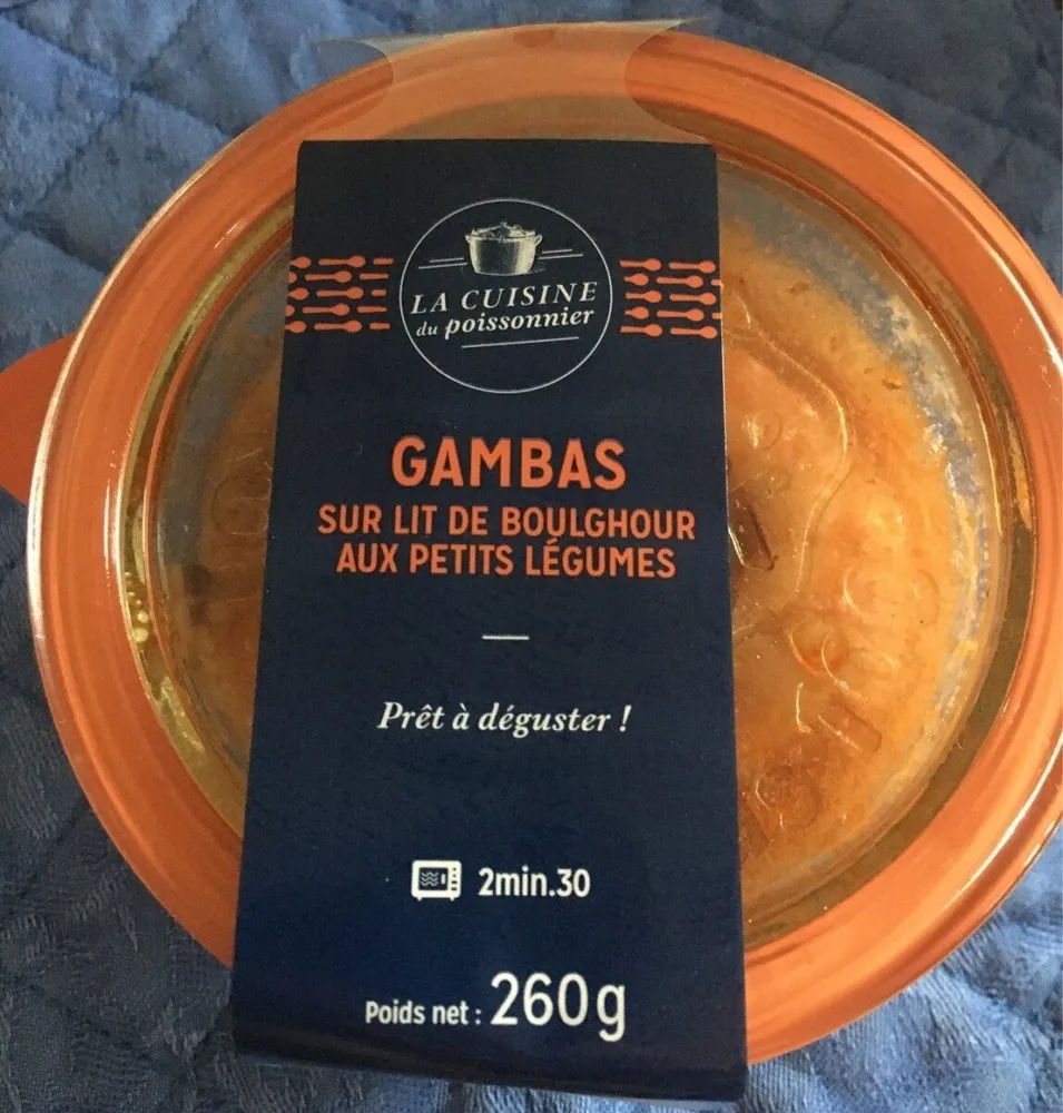 Gambas sur lit de boulghour aux petits légumes