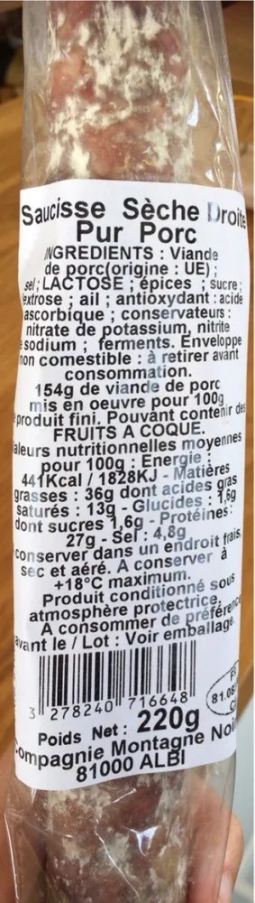 Saucisse sèche droite pur porc