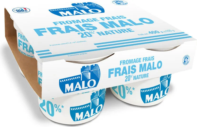 Fromage frais Nature Malo 20% *Matières grasses sur extrait sec soit 3% de matières grasses sur produit fini
