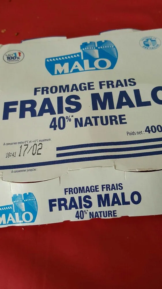 Fromage frais Nature Malo 40%* * Matières grasses sur extrait sec soit 7% de matières grasses sur produit fini.