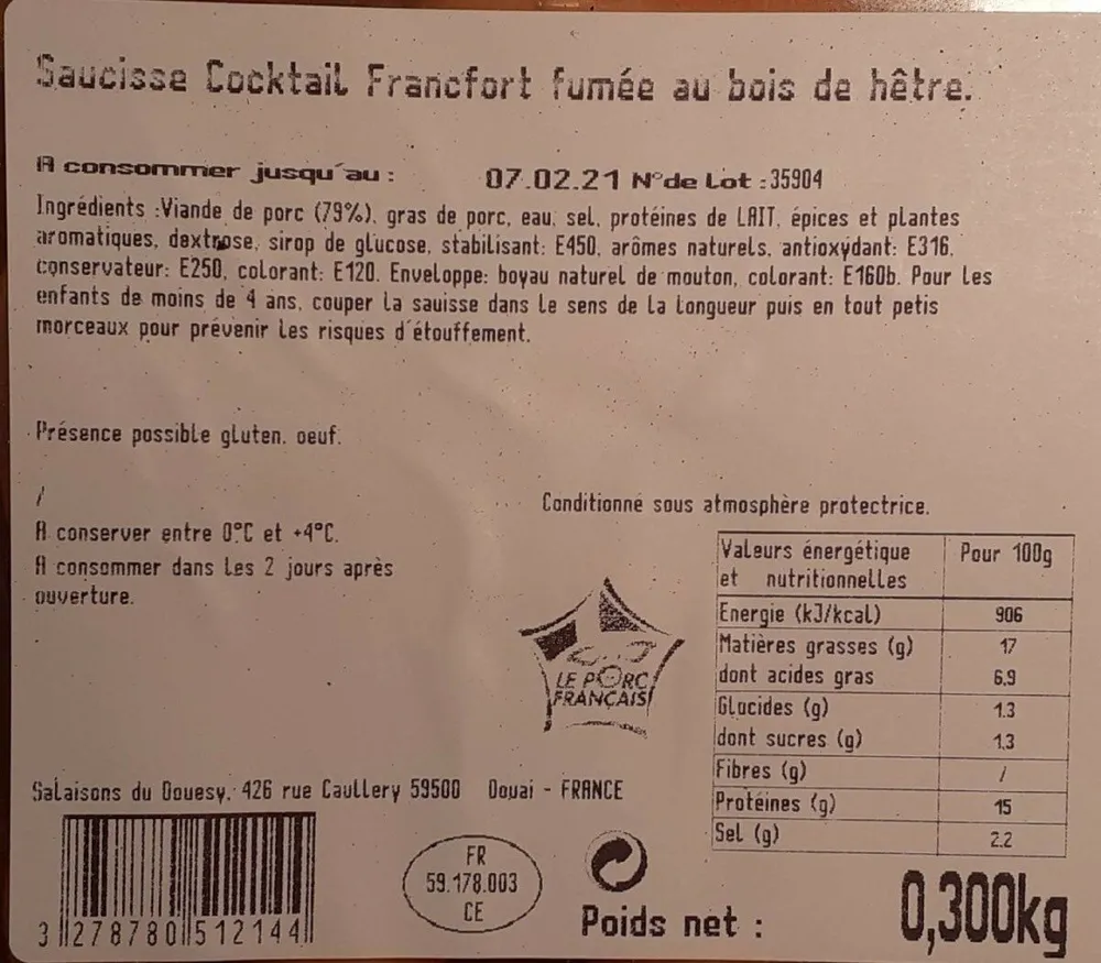 Saucisse cocktail Francfort fumée au bois de hêtre