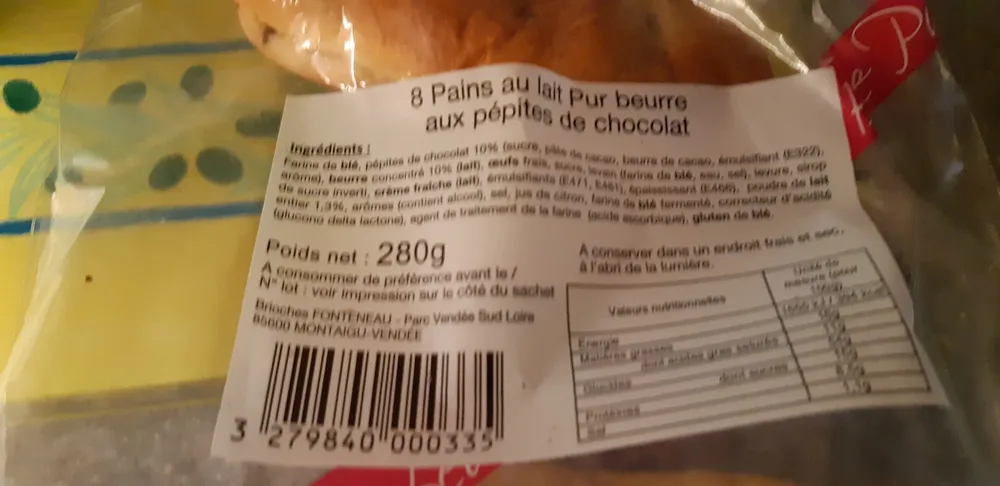 Pain au lait pb aux pepites de chocolat 8 unites de