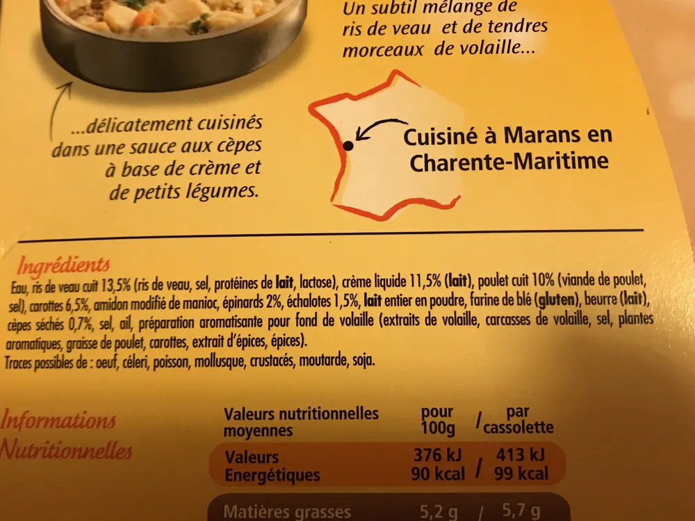 2 Cassolettes Ris de Veau et Volaille, Sauce aux Cèpes