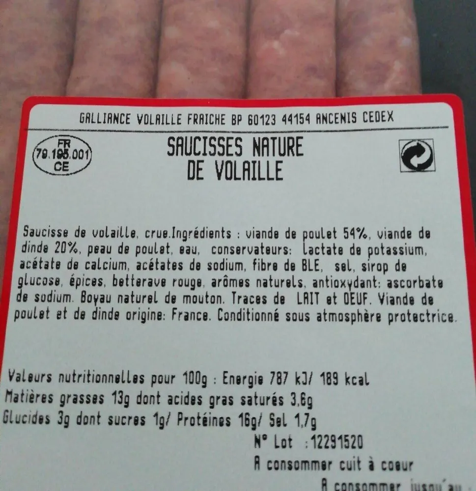 Saucisses nature de volaille