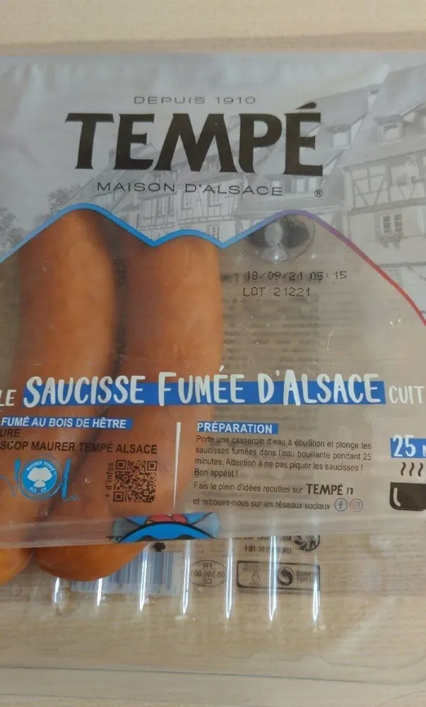 Tempe, Saucisses fumées d'alsace, la barquette de 4 400 gr
