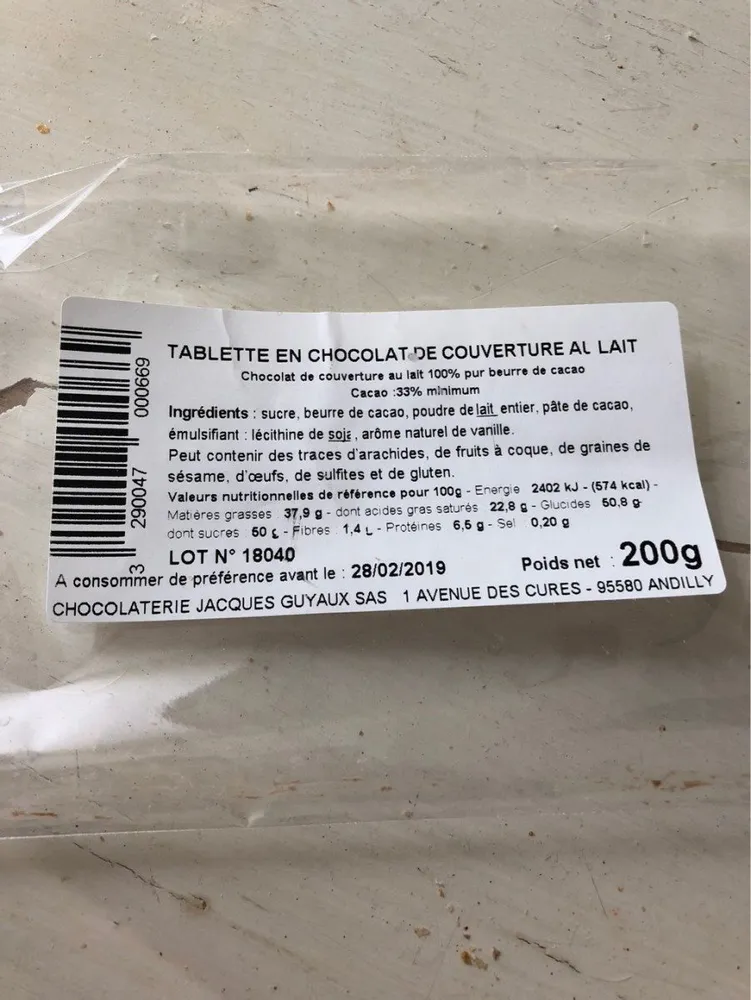 Tablette en chocolat de couverture lait Guyaux