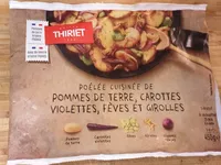 Poêlée cuisinée de pommes de terre, carottes violettes, fèves et girolles
