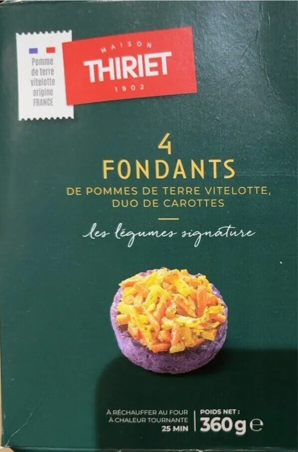 Fondant de pommes de terre vitelotte, duo de carottes