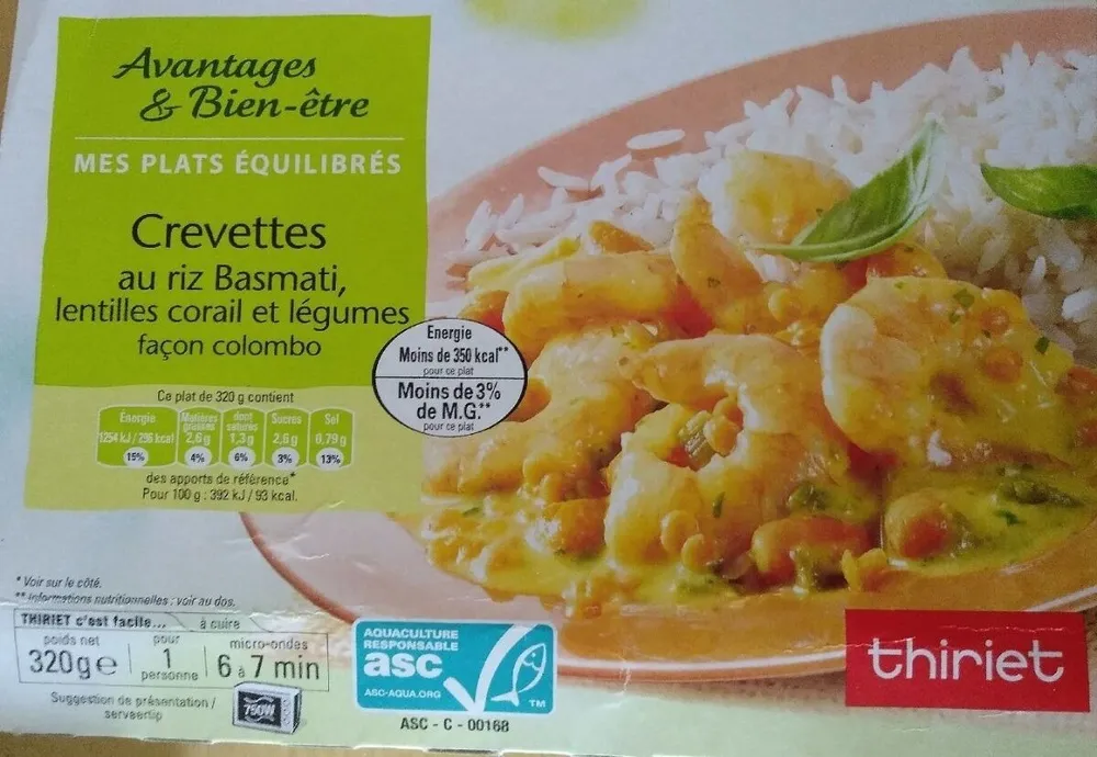 Crevettes au riz basmati lentilles corail et légumes