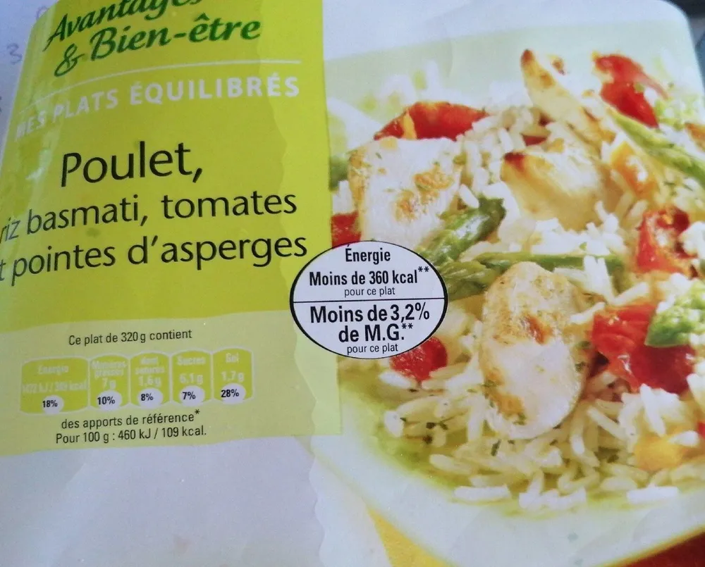 Poulet riz basmati tomates et pointes d'asperges