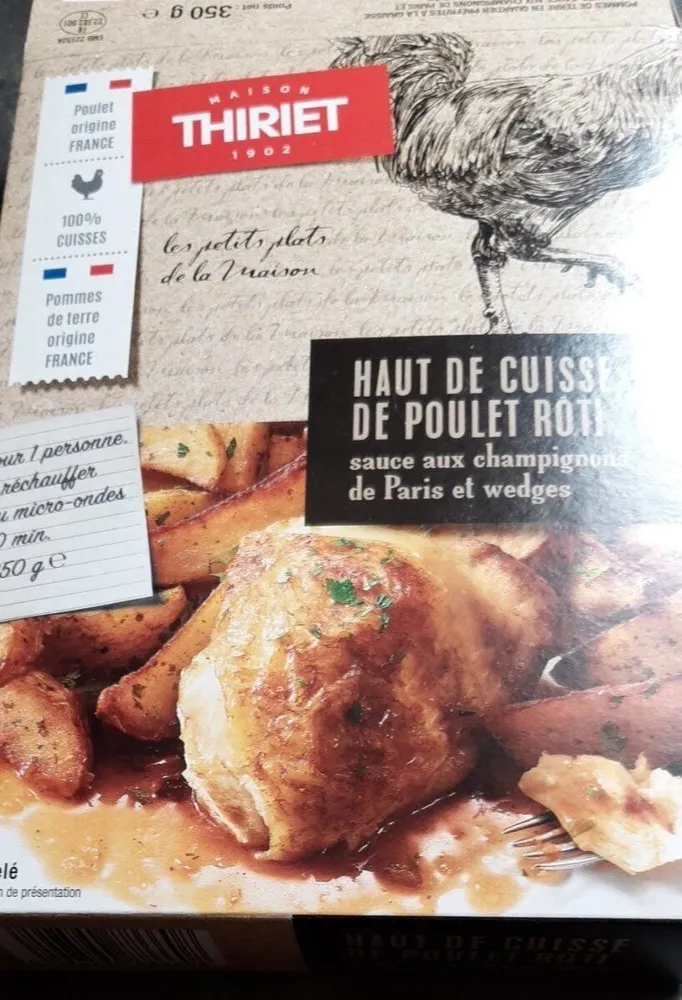 Haut de cuisse de poulet rôti, sauce aux champignons de Paris et wedges