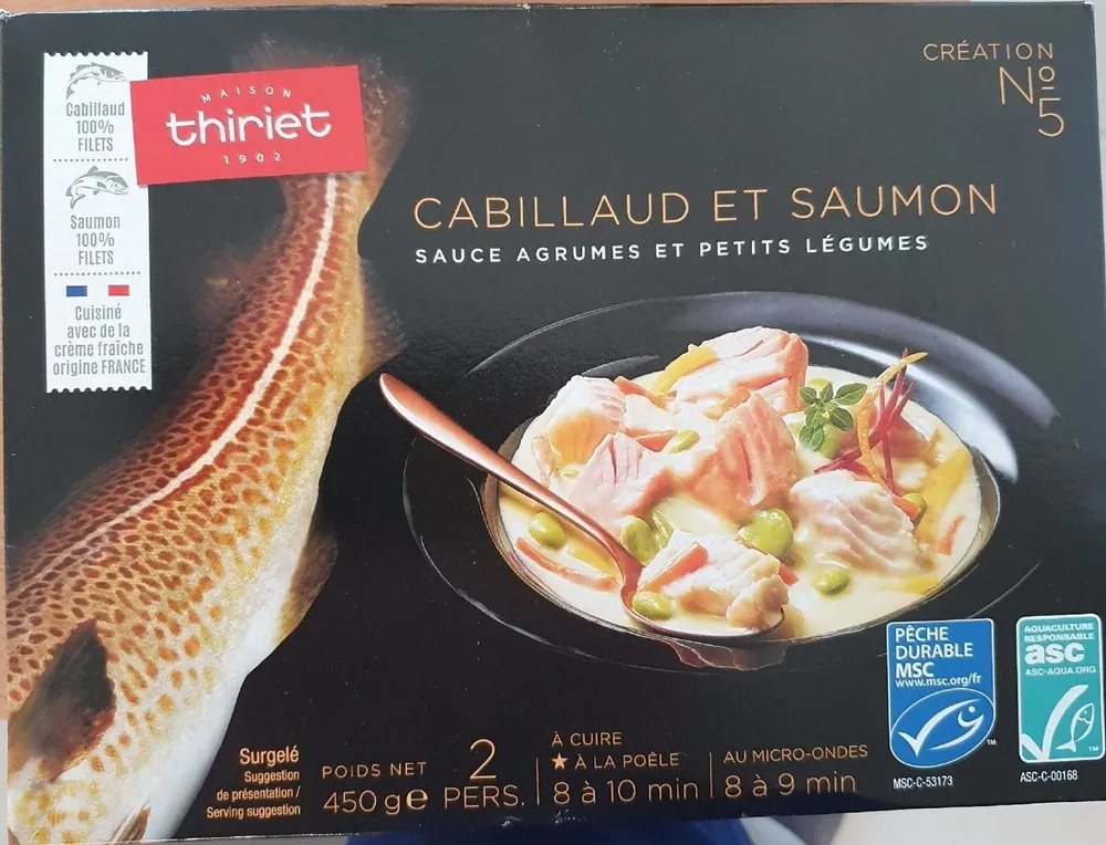 Cabillaud et saumon sauce agrumes et petits légumes