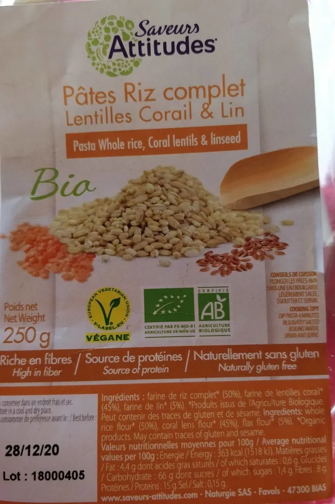 Pâtes riz complet lentilles corail & lin