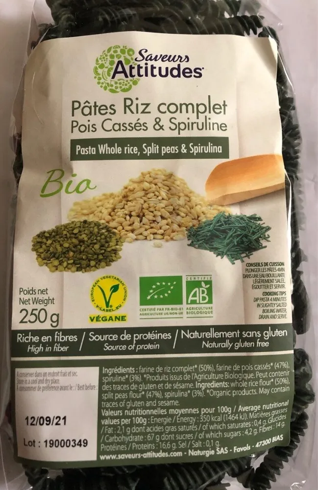 Pâtes riz complet pois cassés & spiruline