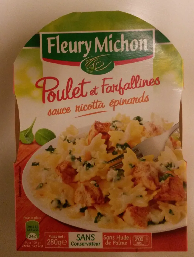 Poulet et Farfallines sauces ricotta épinards
