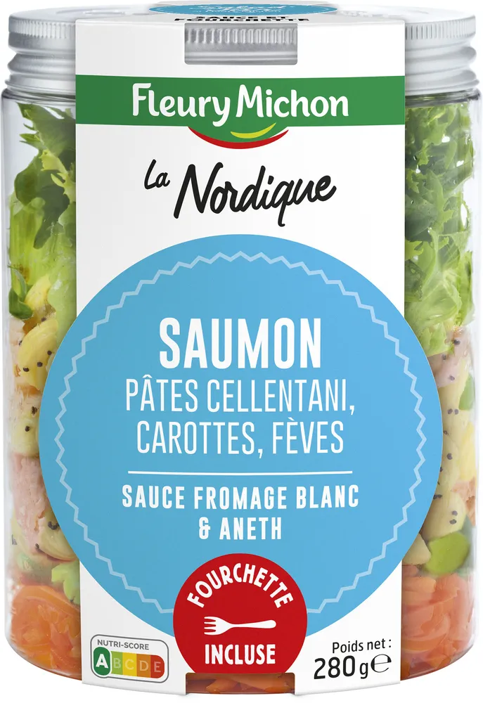 SALAD JAR - La Nordique - Saumon, pâtes cellentani, carottes, fèves, sauce au fromage blanc et aneth