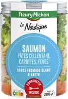 SALAD JAR - La Nordique - Saumon, pâtes cellentani, carottes, fèves, sauce au fromage blanc et aneth