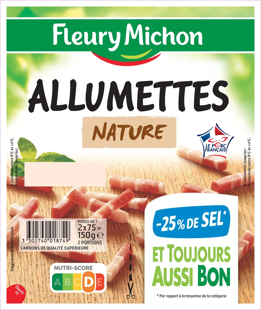 Allumettes de Lardons Nature, -25% de SEL* 2*75 g,