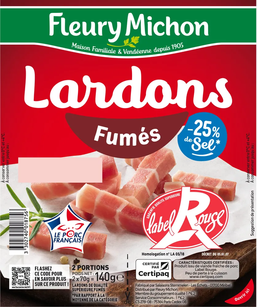 Lardons Fumés -25% de Sel* - Label Rouge