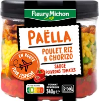 Paëlla poulet, riz & chorizo, sauce poivrons tomates