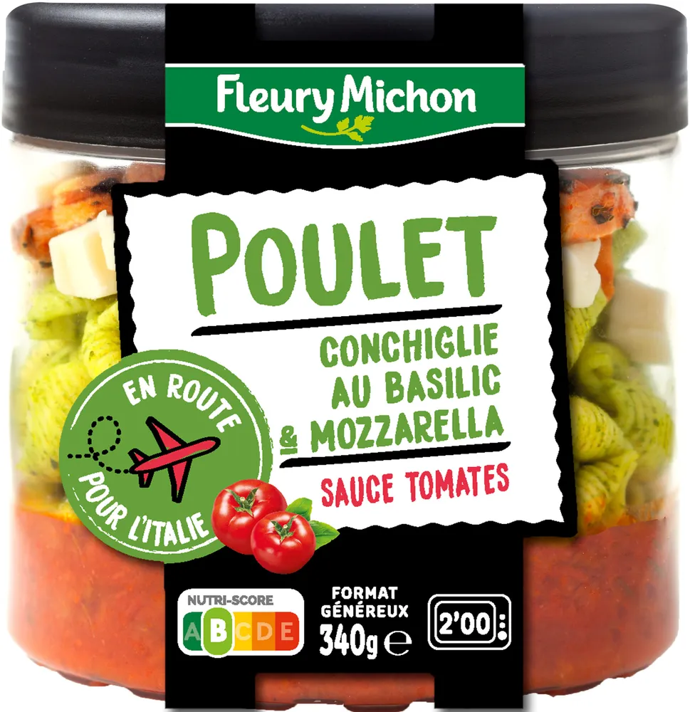 Poulet, conchiglie au basilic & mozzarella, sauce tomates