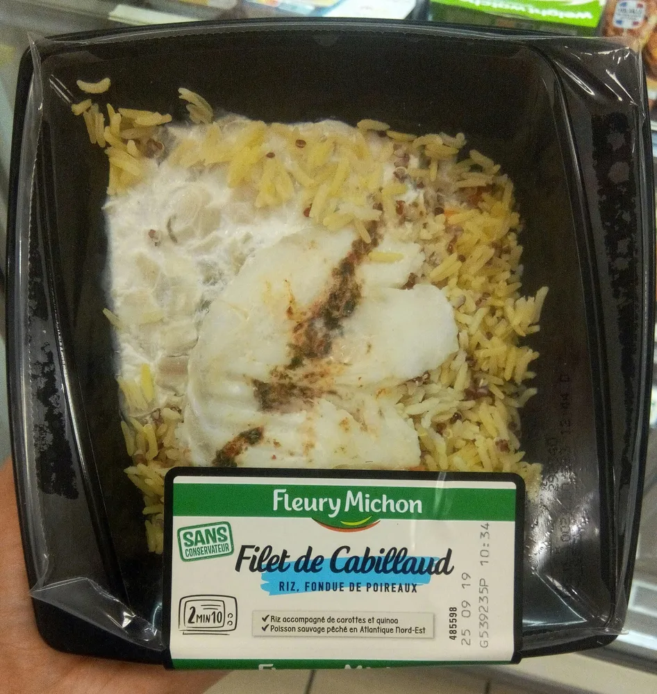 Filet de cabillaud, riz, fondue de poireaux