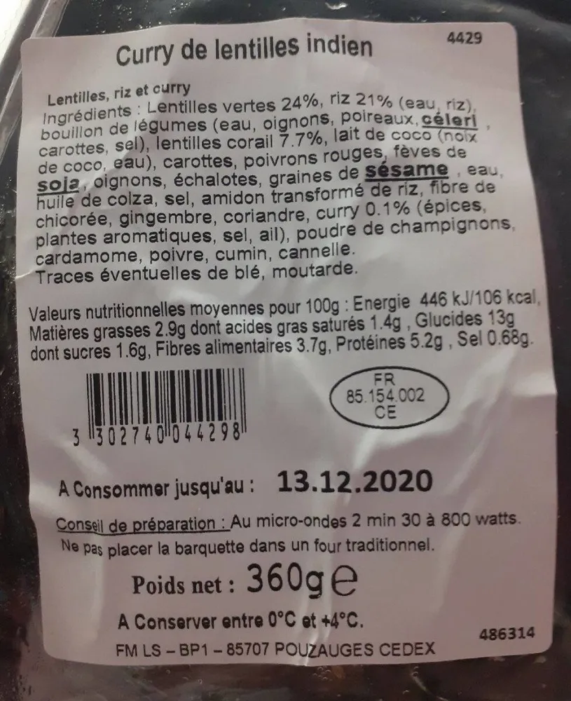 Curry de lentilles indien