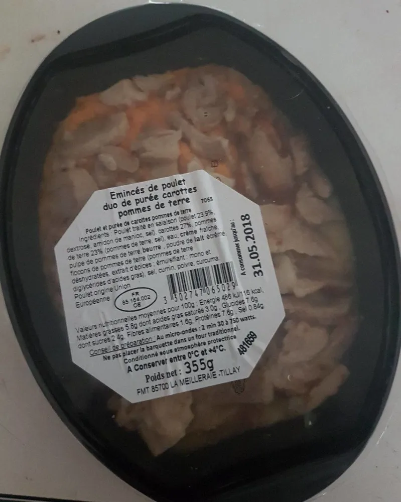 Émincé de poulet duo fr purée carottes pommes tetre