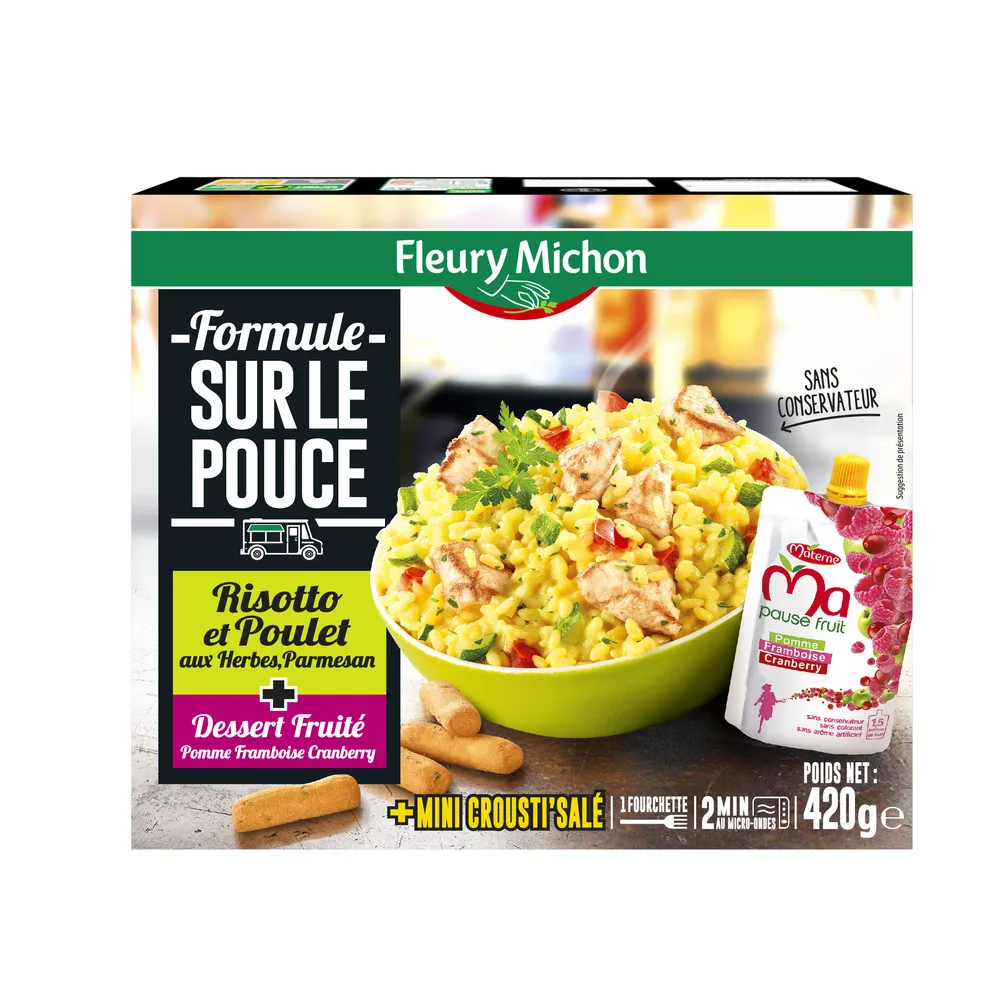 Formule Sur Le Pouce - risotto et poulet aux herbes, parmesan + pause fruits + biscuit salé