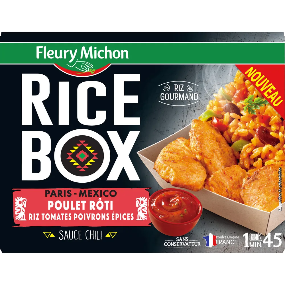 RICE BOX PARIS MEXICO Poulet rôti riz tomates poivrons épices sauce chili