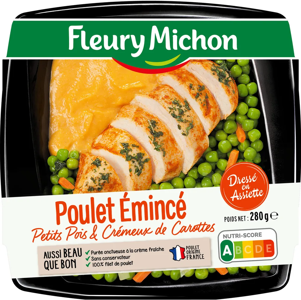 Poulet émincé petits pois & crémeux de carottes