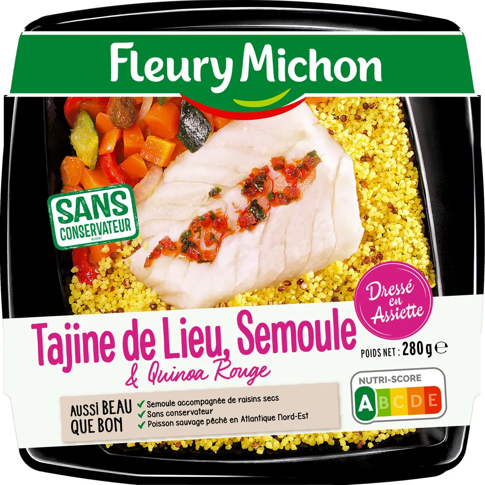 Tajine de lieu & quinoa rouge, semoule