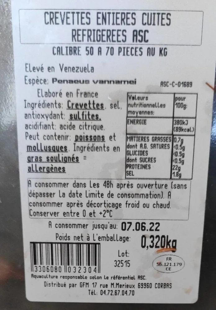Crevettes entières cuites
