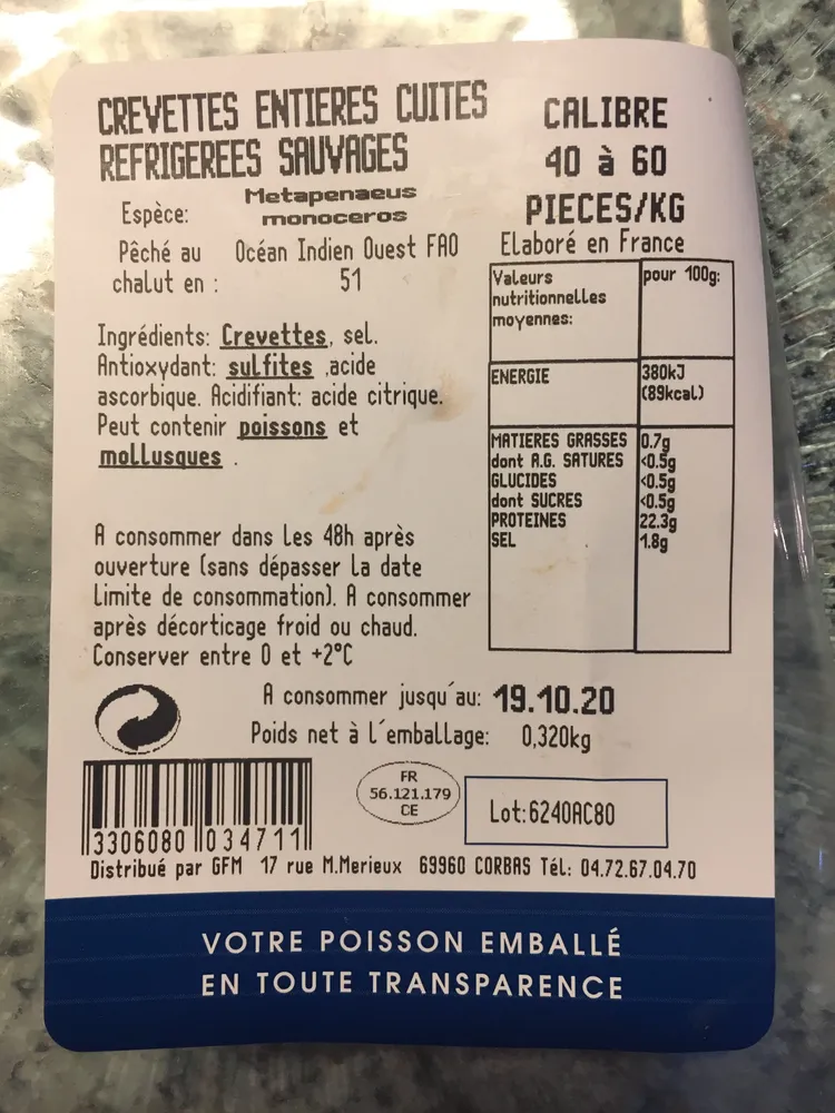 Crevettes entieres cuites sauvages