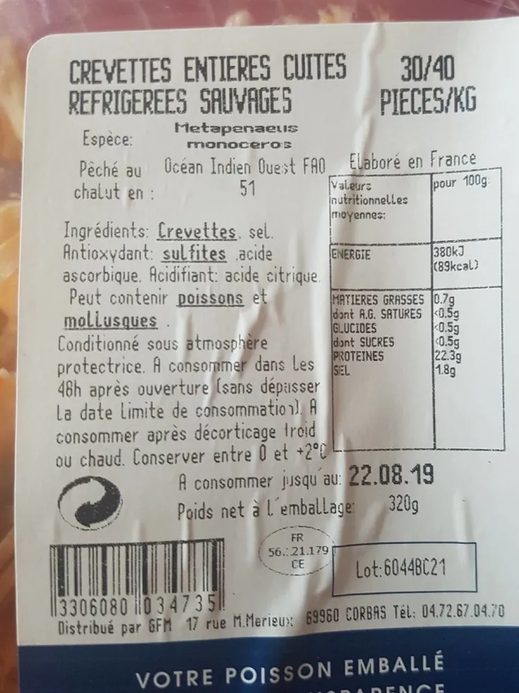 Crevettes entières cuites réfrigérées sauvages