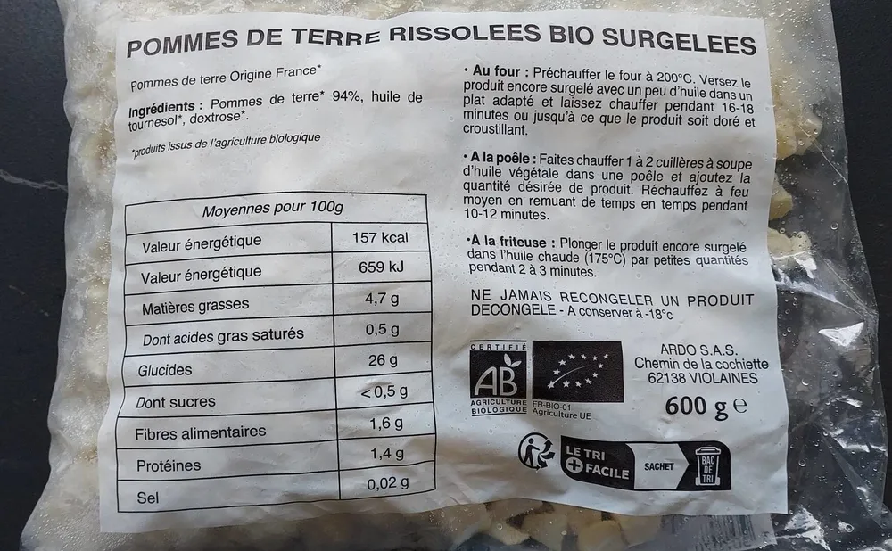 Pommes de terre rissolées bio surgelées