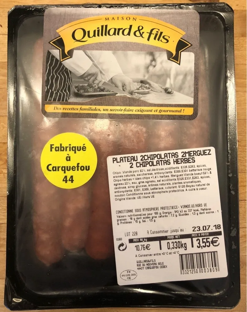 Plateau 2 Chipolatas, 2 Merguez, 2 Chipo aux herbes