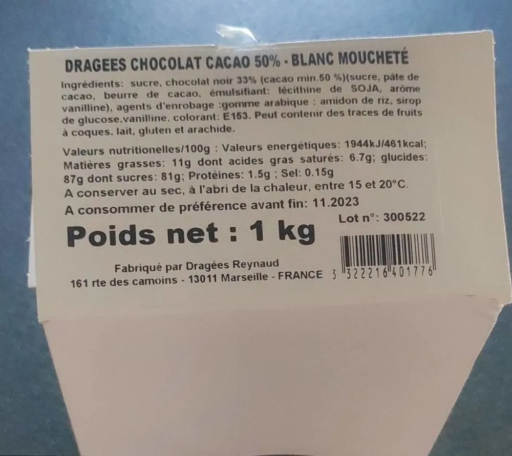 Dragées chocolat cacao blanc moucheté