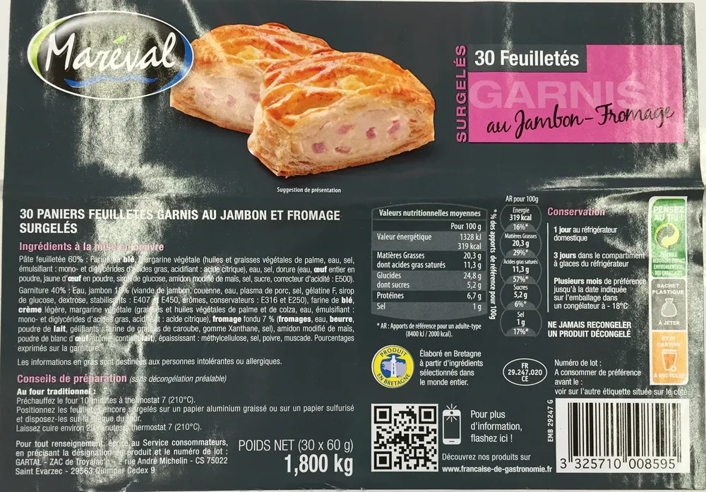 30 Feuilletés garnis au Jambon-Fromage, Surgelés