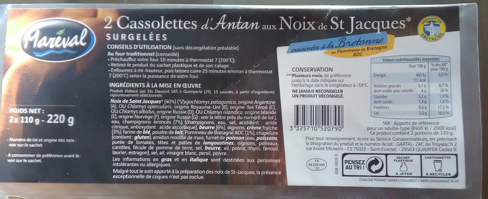 2 Cassolettes d'Antan aux Noix de Saint-Jacques cuisinées à la Bretonne