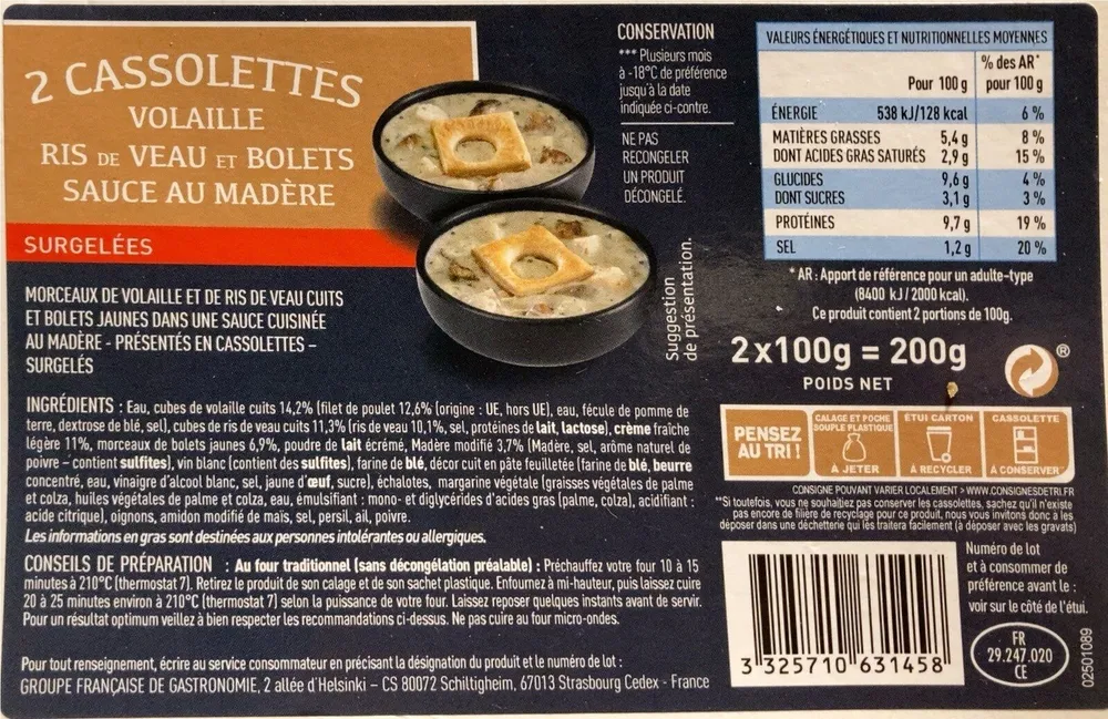 2 cassolettes volaille ris de veau et bolets sauce au madere