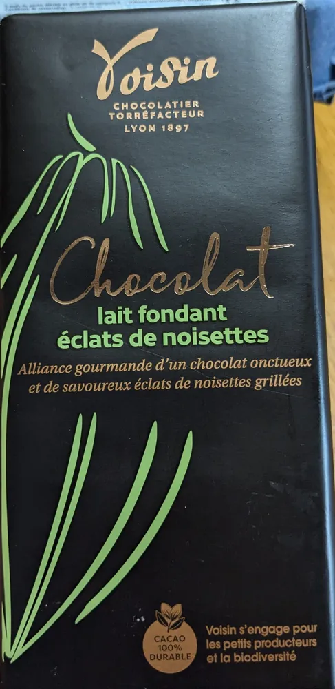 Chocolat lait fondant noisettes