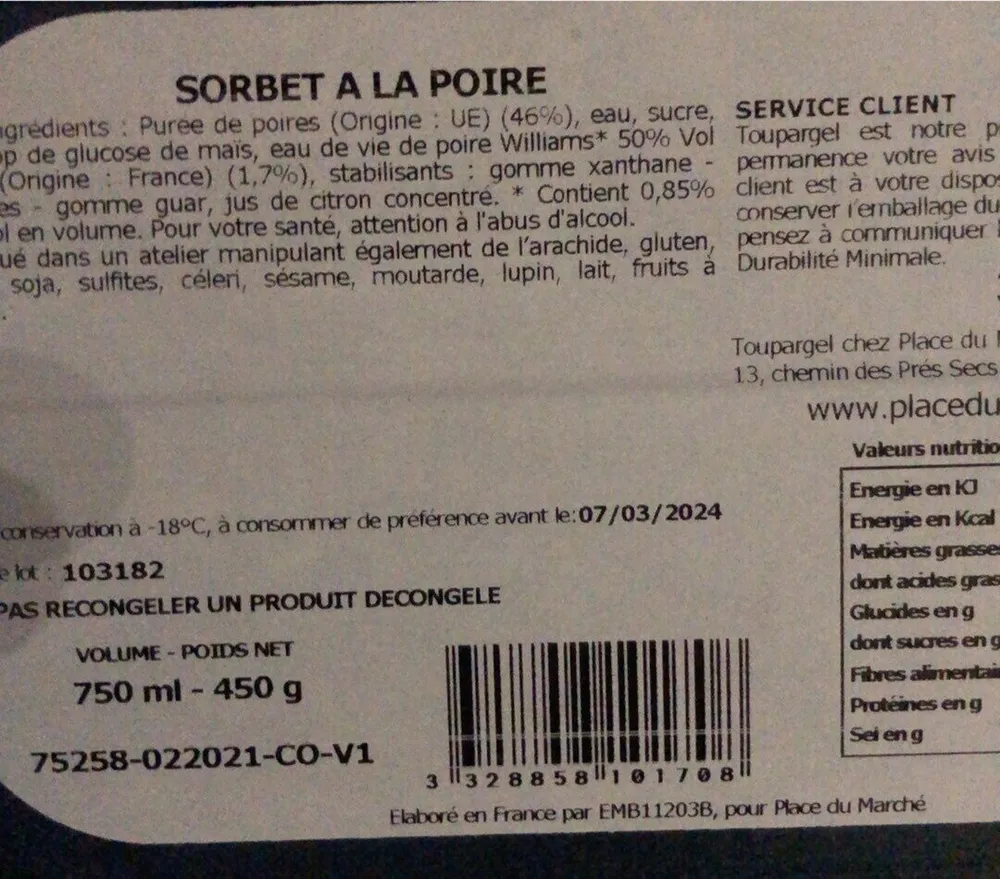 Sorbet Poire Toupargel