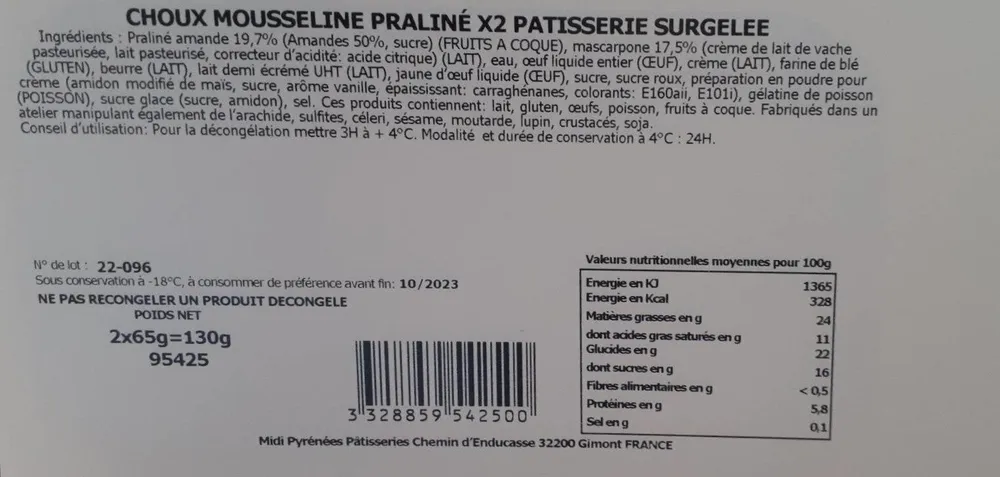Choux mouseline praliné surgelée