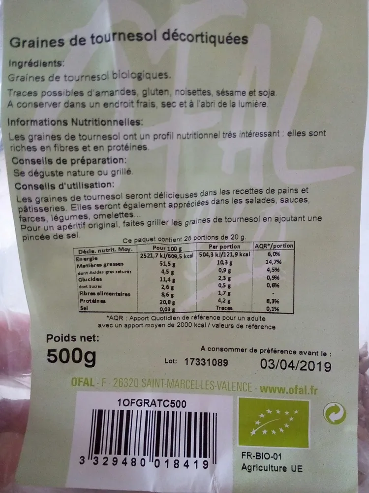 Graines de tournesol décortiquées bio