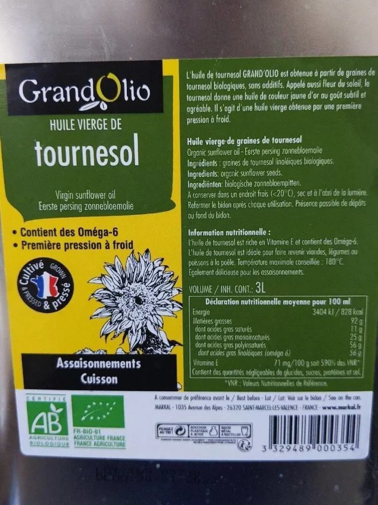 Huile vierge de tournesol bio